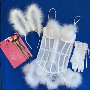 4 Piece Set Bunny Costume: 32B Victoria Secret Corset, Gloves, Stockings, Ears
